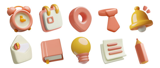Business schedule and office work 3d vector icons set. Time, date, location, tie, bell, mail, organizer, light bulb, documents and pencil.