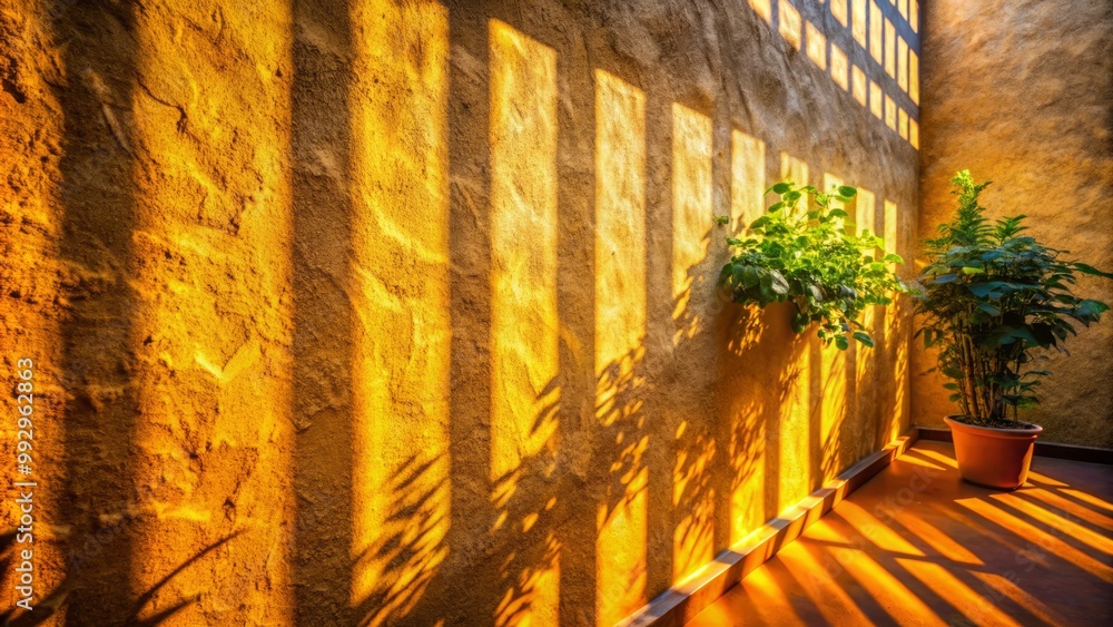 Poster sunlight streams into the room, illuminating a textured wall, creating stunning shadows that foster 