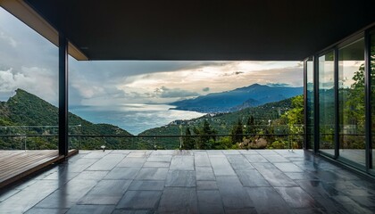 Balcony with panoramic window and ocean and mountain view. Modern interior of black marble room with terrace. Luxury studio for design of nature trips.