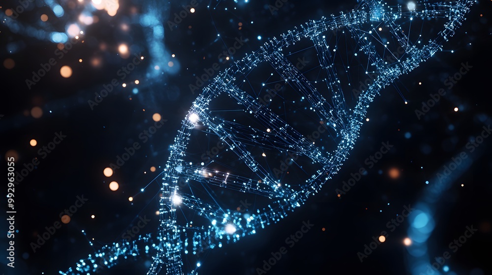 Aufkleber a digital representation of a dna double helix with glowing points and lines