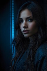 Fototapeta premium Portrait of a woman in vibrant bokeh backdrop.
