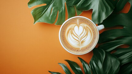 A cup of latte art coffee with green leaves on an orange background.