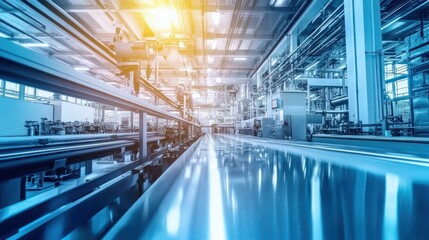 Fototapeta premium A modern industrial facility with machinery and production lines under bright lighting.