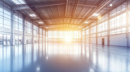 A spacious industrial interior with large windows and sunlight streaming in.