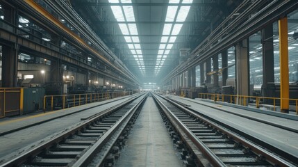 A railway workshop interior with tracks leading into a spacious, illuminated area.