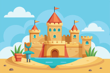 A vibrant sand castle is built on a sunny beach, featuring towers and flags, ready for customization, Customizable sand castle illustration