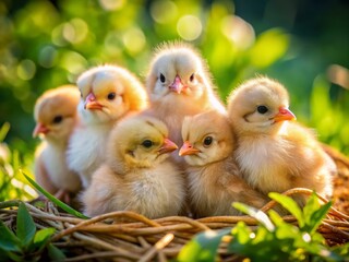 Sweet Brahma baby chicks snuggle closely outdoors, enjoying a sunny day in their cozy environment, radiating warmth,