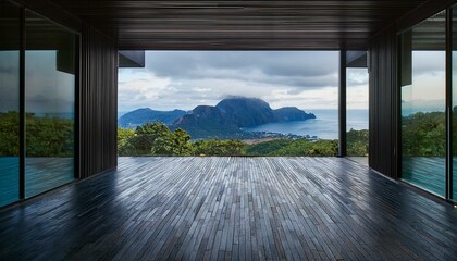 Balcony with panoramic window and ocean and mountain view. Modern interior of black marble room with terrace. Luxury studio for design of nature trips.