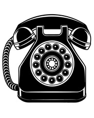 A black and white image of a phone that has a picture of a phone on it ,Vintage phone , Old telephone 40-50's. Black and white vector illustration 