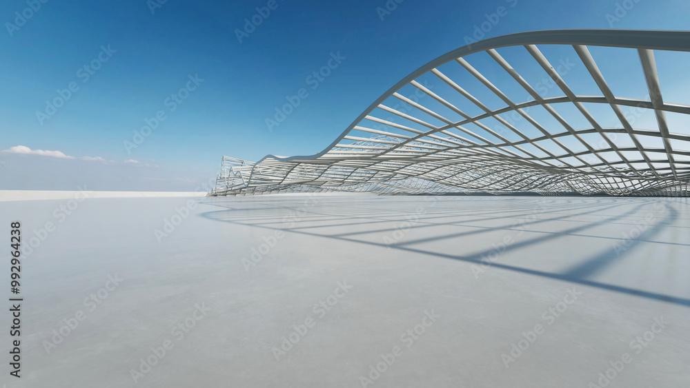 Poster 3d render of abstract curve wireframe structure futuristic architecture with empty concrete floor