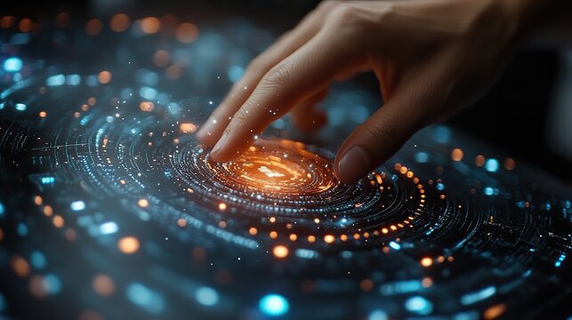 An edtech concept with a hand pressing a button on a screen emphasizes the ease of accessing education technology and e-learning.