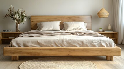 Cozy wooden bedroom with natural decor and soft bedding.