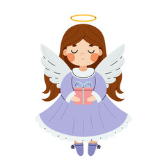 Cute Christmas angel. A small girl with a Christmas present. Little angel character. Holy people on white background.