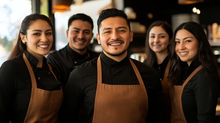Smiling group of baristas wearing aprons, working together in a coffee shop, promoting teamwork and service.