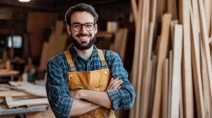 Obraz premium Smiling male carpenter wearing apron, standing in a workshop with arms crossed, surrounded by wood planks and tools.