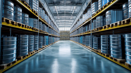 Fototapeta premium A large modern chemical warehouse filled with metal industrial barrels of oil or hazardous waste spread out on shelves
