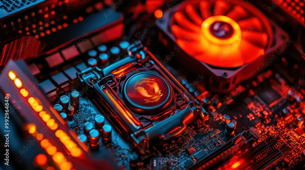 Aufkleber close-up of a computer motherboard with a cooling fan and illuminated components.