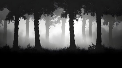 Black Background Dark Forest Tall Trees Vector Graphic, Featuring Silhouettes of Majestic Trees Rising Against a Dark Canvas, Ideal for Creating Mysterious and Atmospheric Designs for Nature-themed Pr