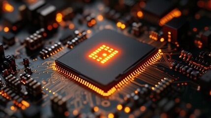 An electronic circuit board with a glowing central processing unit and AI circuitry represents the power of modern data technology.