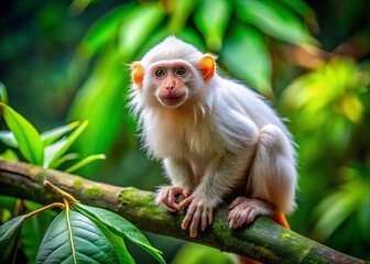 Fototapeta premium The delightful white marmoset monkey rests on a branch, nestled amid the lush greenery of a vibrant rainforest,