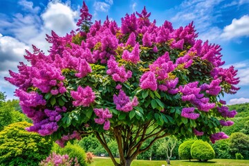 Obraz premium The Five Leaf Chaste Tree showcases its vibrant purple blooms, beautifully contrasting against rich green leaves,
