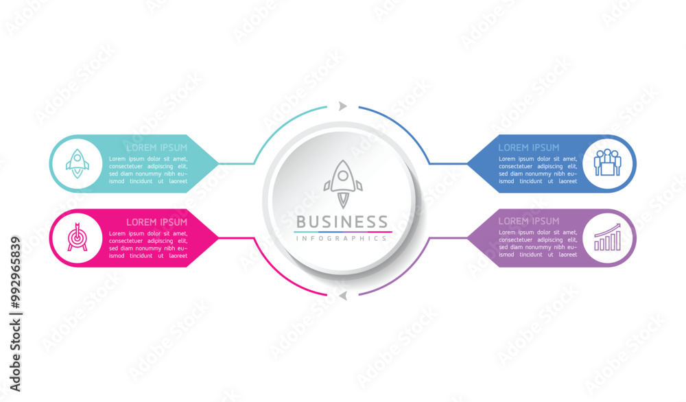 Poster vector infographic business presentation template with circular interconnection with 4 options.