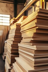Stacks of wooden planks in a well-lit warehouse, showcasing different types and sizes of lumber for construction and carpentry purposes.