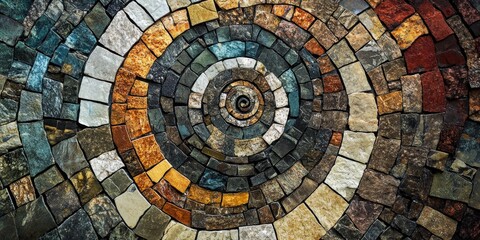 Fototapeta premium A vibrant mosaic design featuring intricate patterns of colorful stones. This art piece showcases detailed craftsmanship and a spiraling arrangement. Ideal for decoration or inspiration. AI