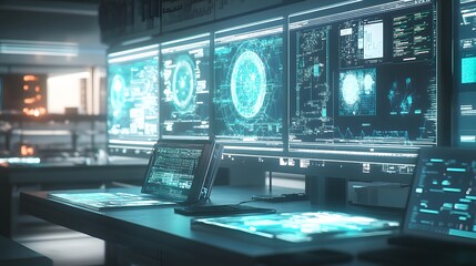 Naklejka premium A Futuristic Workstation with Multiple Monitors Displaying Complex Data and a Laptop Open to Code