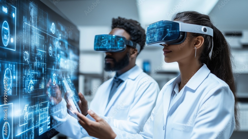 Poster scientists using augmented reality glasses to analyze multiverse data in a high-tech laboratory fill
