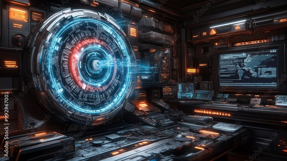 Poster futuristic lab with scientists experimenting on time travel and advanced quantum computers