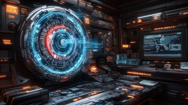 Futuristic lab with scientists experimenting on time travel and advanced quantum computers