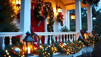A front porch decorated for Christmas with a large wreath, garland wrapped around the railing, and lanterns with flickering candles guiding the way to the door. christmas tree lights