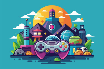 A colorful landscape showcases a game controller amidst mountains, buildings, and playful elements at sunset, Customizable semi-flat gaming illustration.