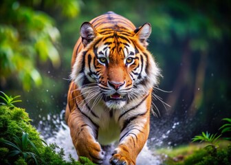 Fototapeta premium The tiger, fierce and agile, stalks its prey with raw power and elegance. A true apex predator, showcasing