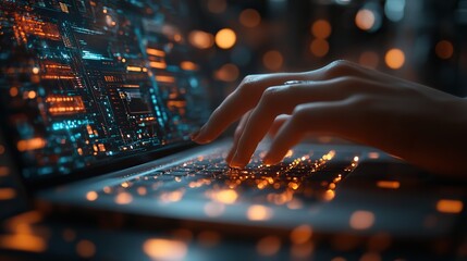 An engineer programs software on a laptop, analyzing data on a futuristic virtual interface, representing the role of data science in IoT and AI development.