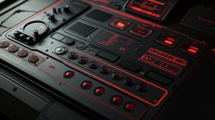 Obraz premium A close-up of a futuristic control panel with various buttons and displays illuminated in red.