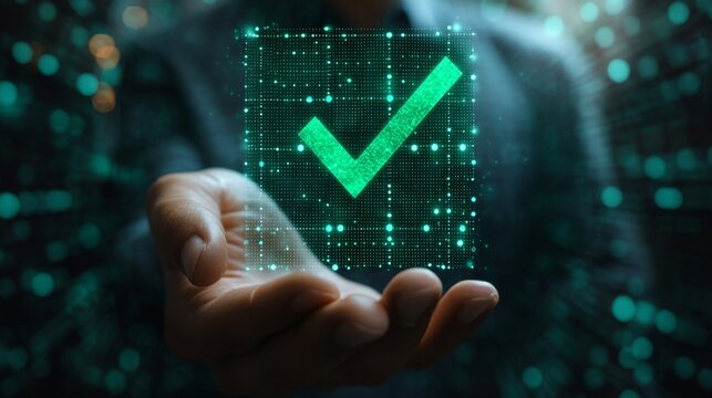 check mark for compliance, certification or audit concept with a business man holding a digital hologram of green