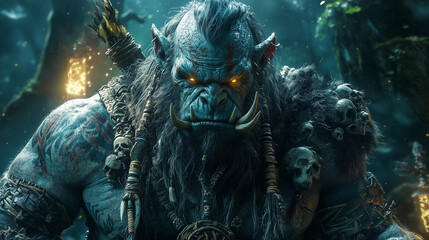 Obraz premium troll chieftain standing in a mystical forest, his gaze piercing through the shrouded darkness
