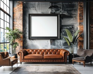 Frame mockup in modern industrial interior with leather furniture, luxury office. Generative AI.