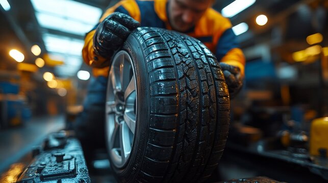 mechanic in a well-lit garage using a hydraulic tire changer, surrounded by various tire tools and equipment.