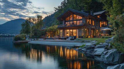 Luxurious lakeside villa with large outdoor spaces and stunning views of a serene, reflective lake