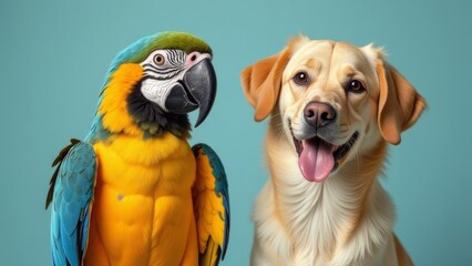 A parrot and a dog sitting together in front of a plain background. The parrot is colorful, and the dog is a cheerful golden retriever, both looking at the camera