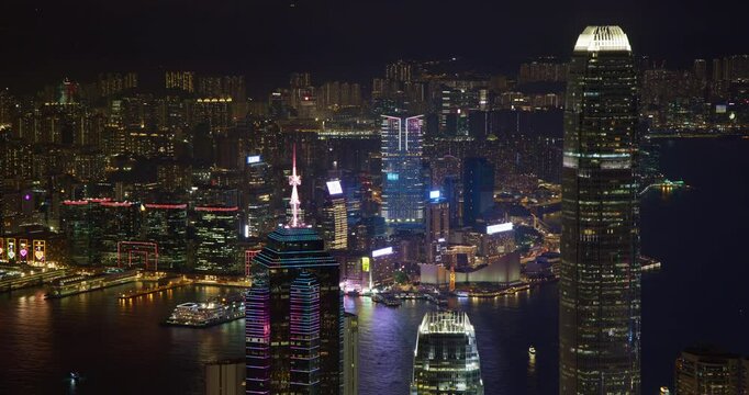 Hong Kong Victoria Harbour Closeup View of Tsim Sha Tsui Cityscape Night Timelapse of City Lights and Skyscrapers