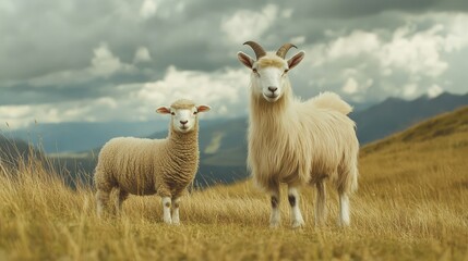 Two fluffy sheep standing in a scenic grassy field with mountains in the background under a cloudy sky.