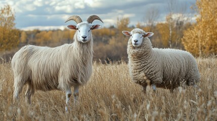 Naklejka premium Two different sheep species standing in a field with autumnal trees and overcast sky, showing contrast between fleece textures.