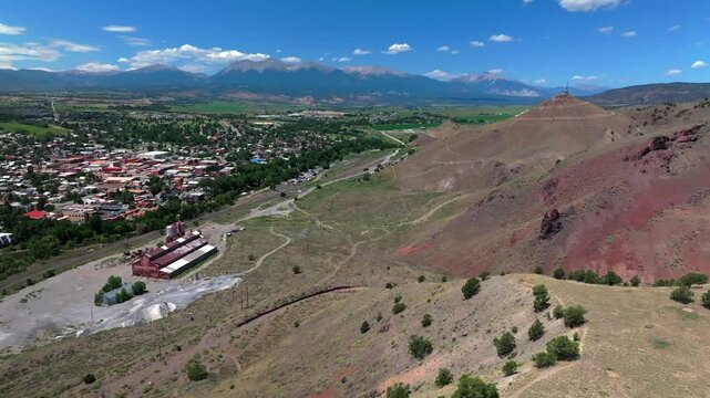 Salida Colorado Arkansas River aerial drone Buena Vista Collegiate Peaks S Mountain Tenderfoot Hill abandoned Limestone Factory mountain town Chaffee County bluesky hiking trails rafting river surfing