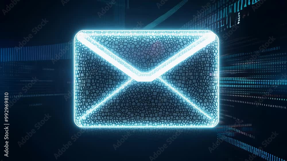Poster Experience a dynamic digital animation of a glowing envelope symbolizing swift communication in a vibrant, high-tech setting