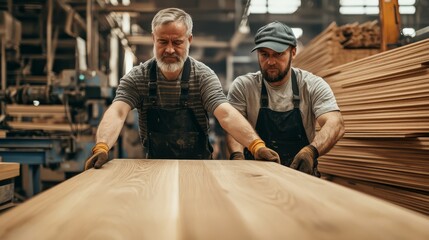 Two skilled carpenters working together in a woodworking shop, handling a large wooden plank with precision and focus.