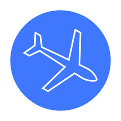 A white airplane silhouette in a blue circle. Ideal for travel, aviation, airline services, transportation, and navigation themes. Clean and minimalistic style. Perfect for digital applications